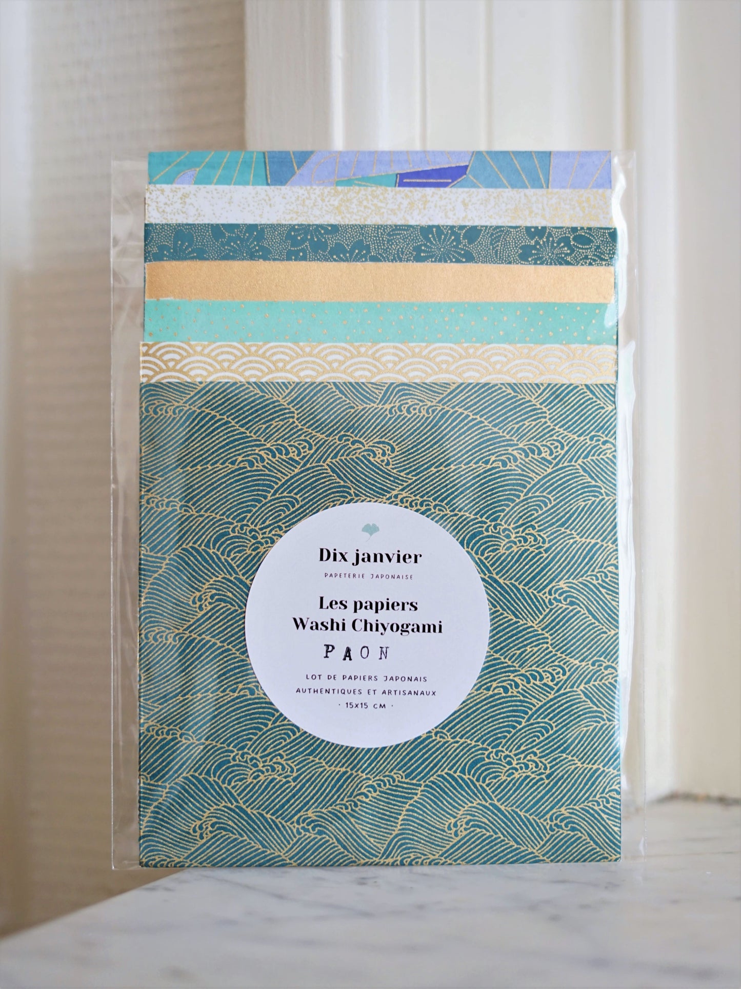 Kit de 7 papiers origami japonais - "Paon" - Bleu canard, blanc, doré