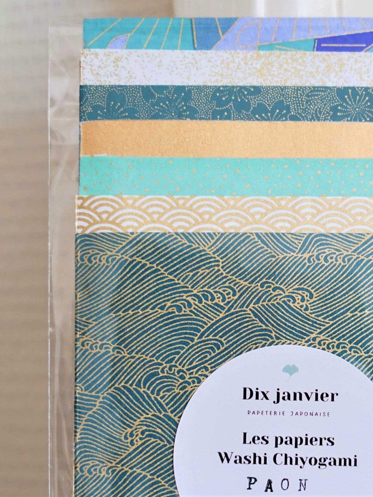 Kit de 7 papiers origami japonais - "Paon" - Bleu canard, blanc, doré