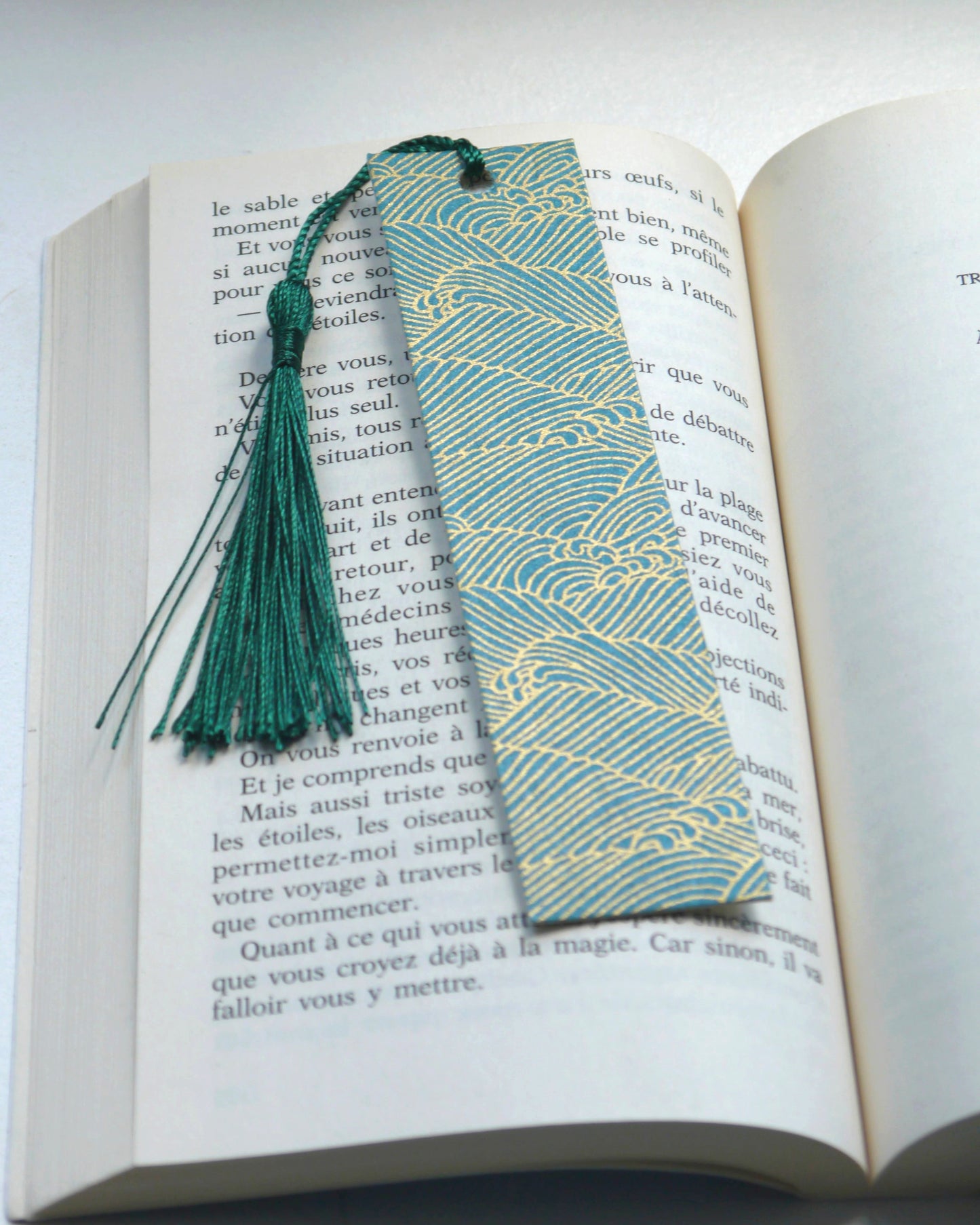 Marque-page en papier japonais - Bleu canard et or