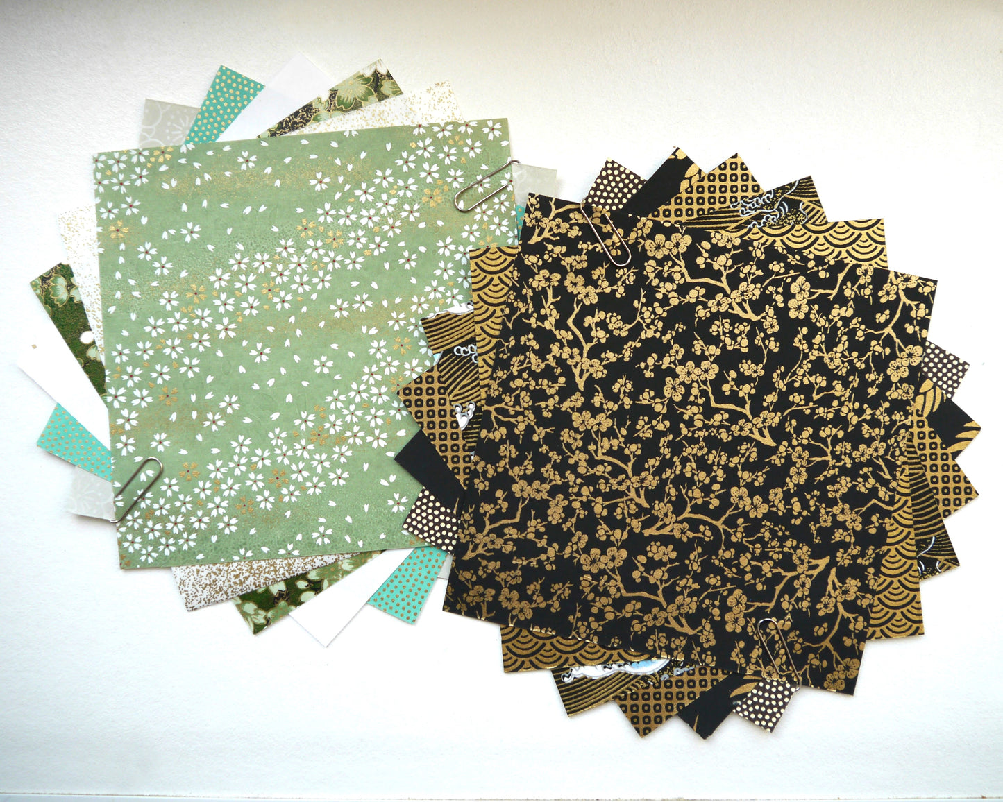 Kit de 6 papiers origami japonais 15x15 cm - "Jade" - vert, blanc, doré