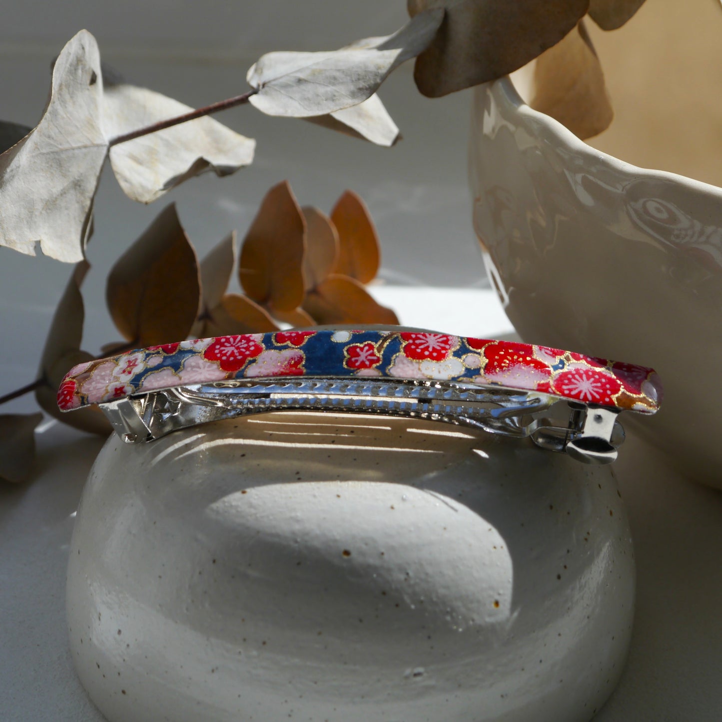 Grande barrette cheveux à clip en papier japonais - Prune