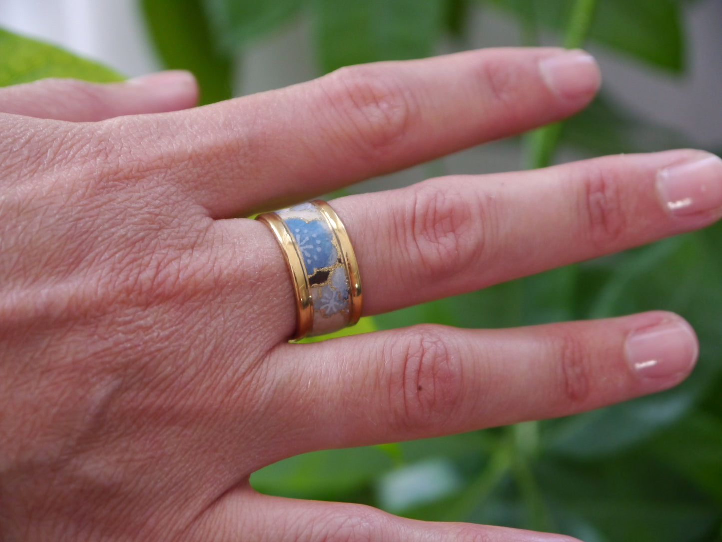 Bague anneau en papier japonais - Fleurs bleues