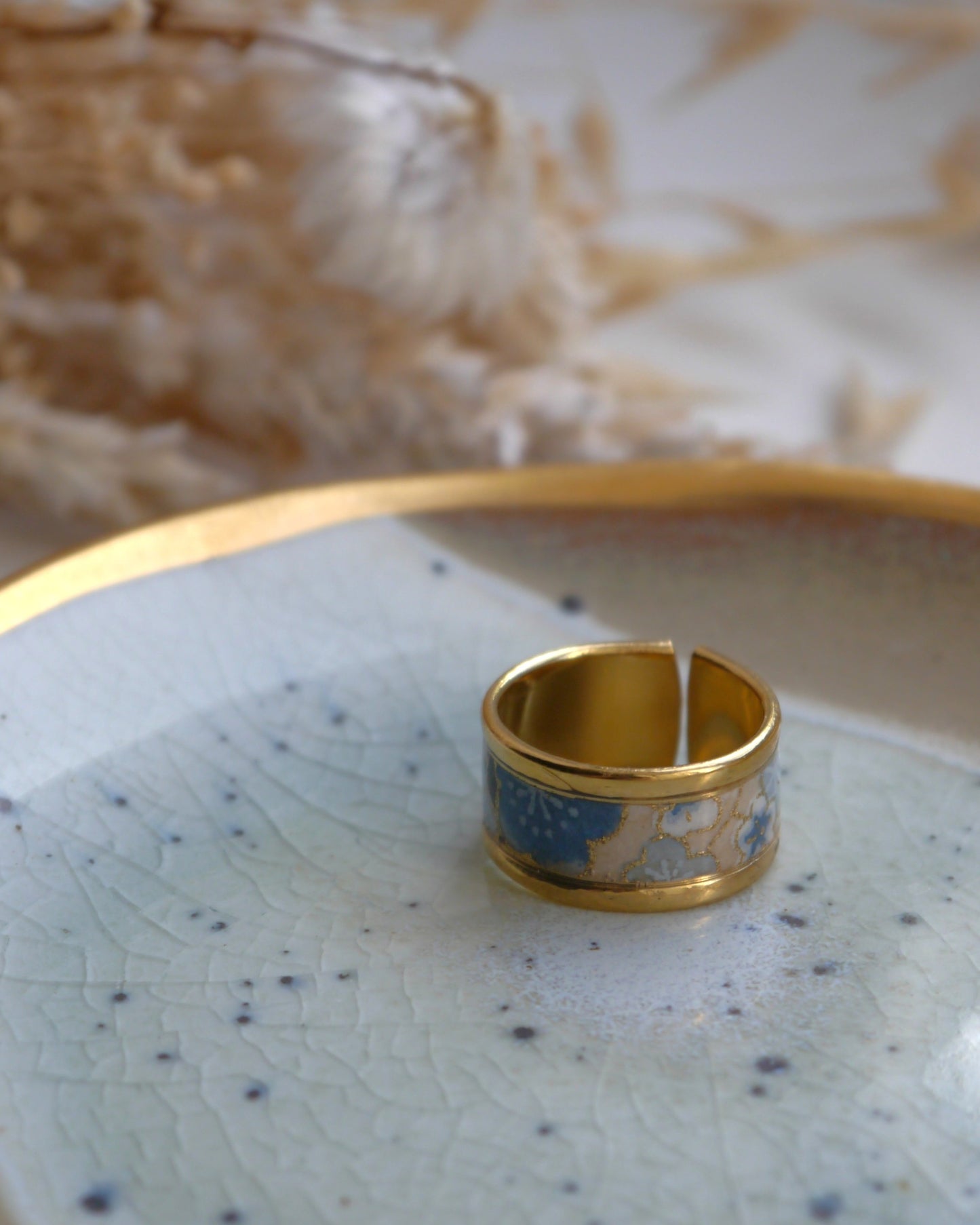 Bague anneau en papier japonais - Fleurs bleues
