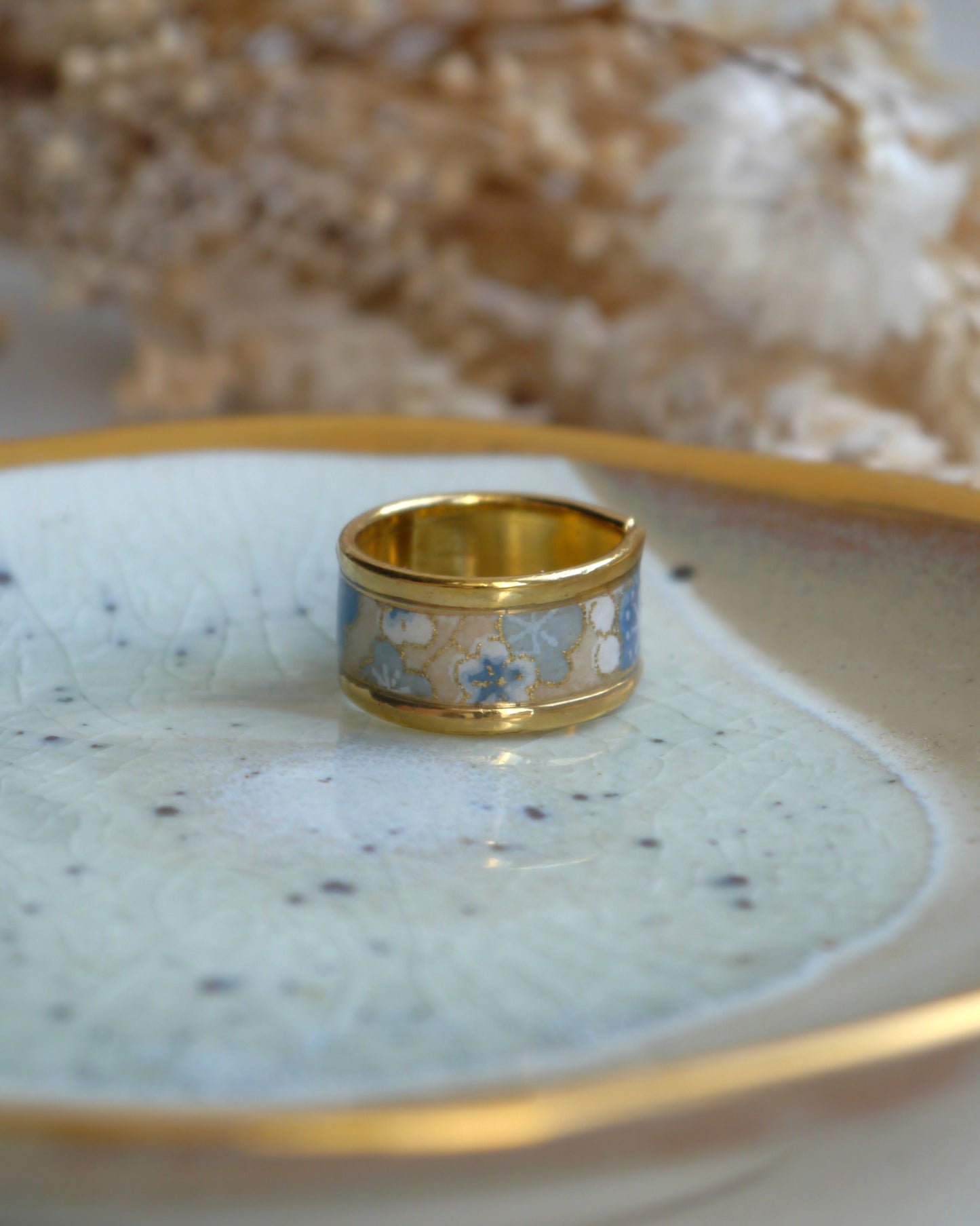 Bague anneau en papier japonais - Fleurs bleues