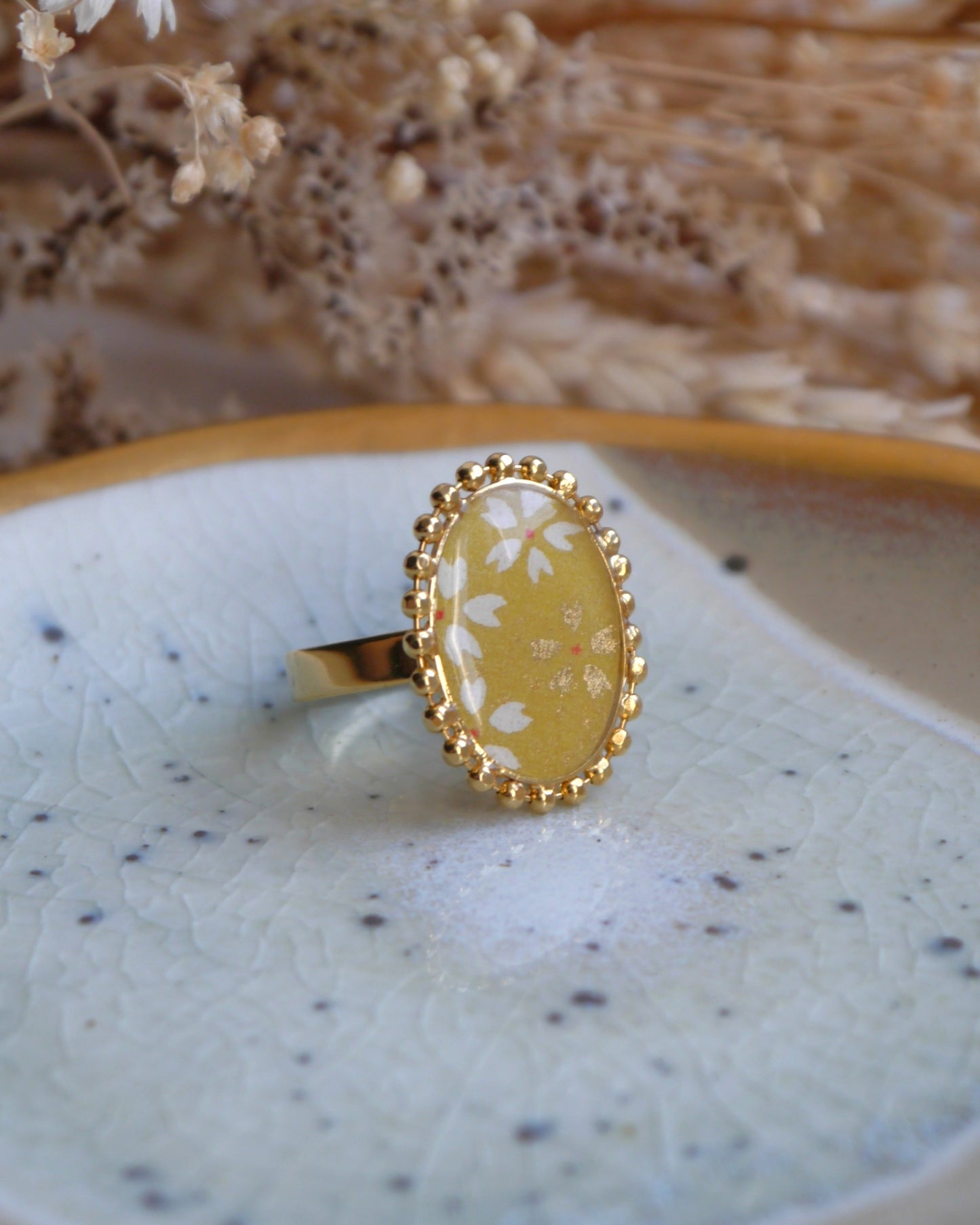 Bague médaillon en papier japonais - Jaune moutarde