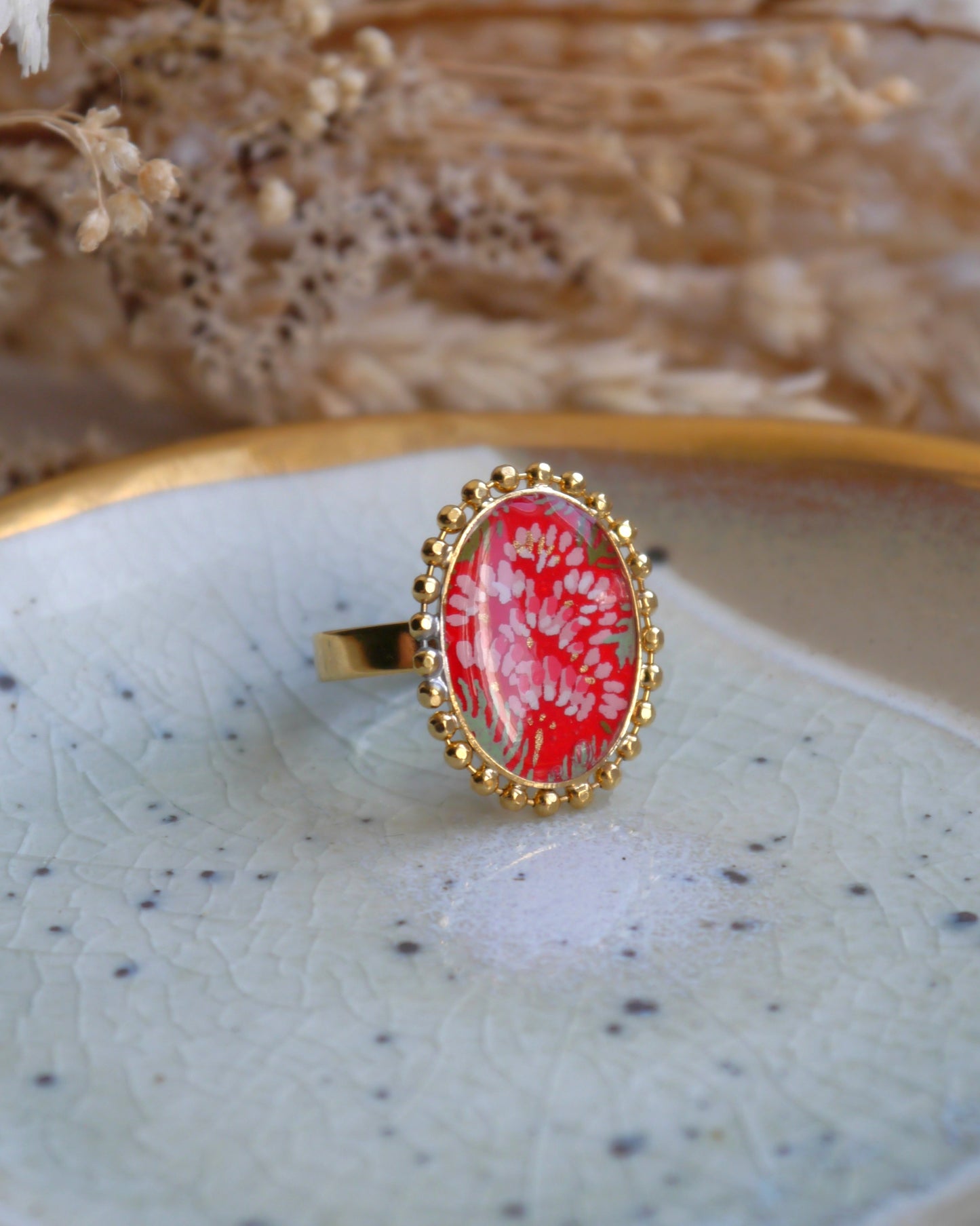 Bague médaillon en papier japonais - Hortensia carmin