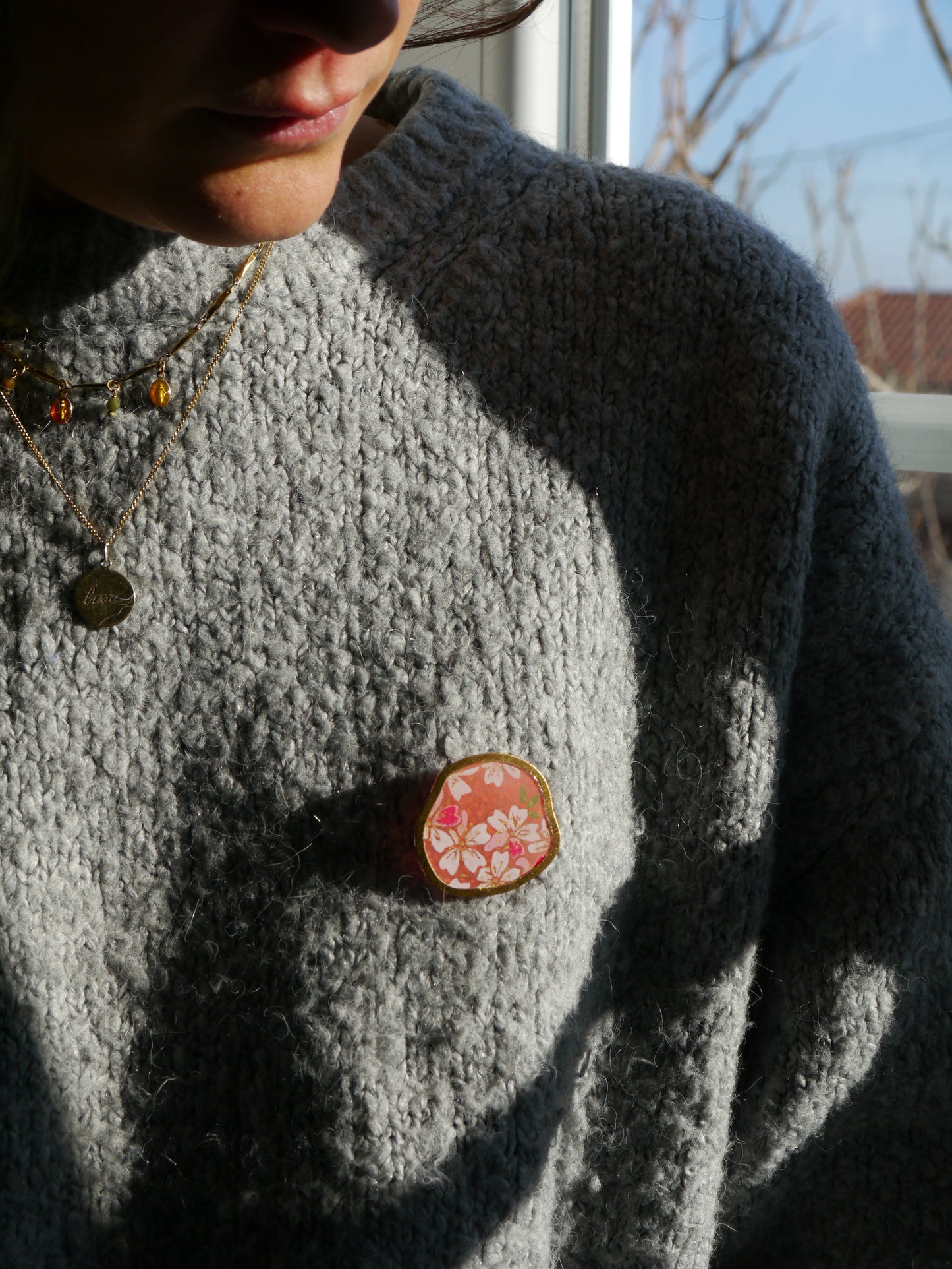 Broche en papier japonais - Fleurs corail