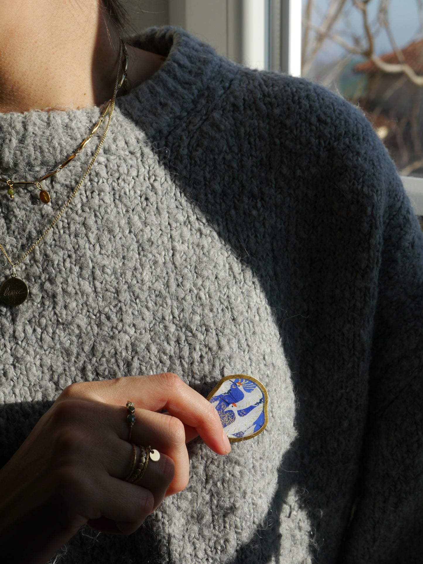 Broche en papier japonais - Grues japonaises jaune moutarde