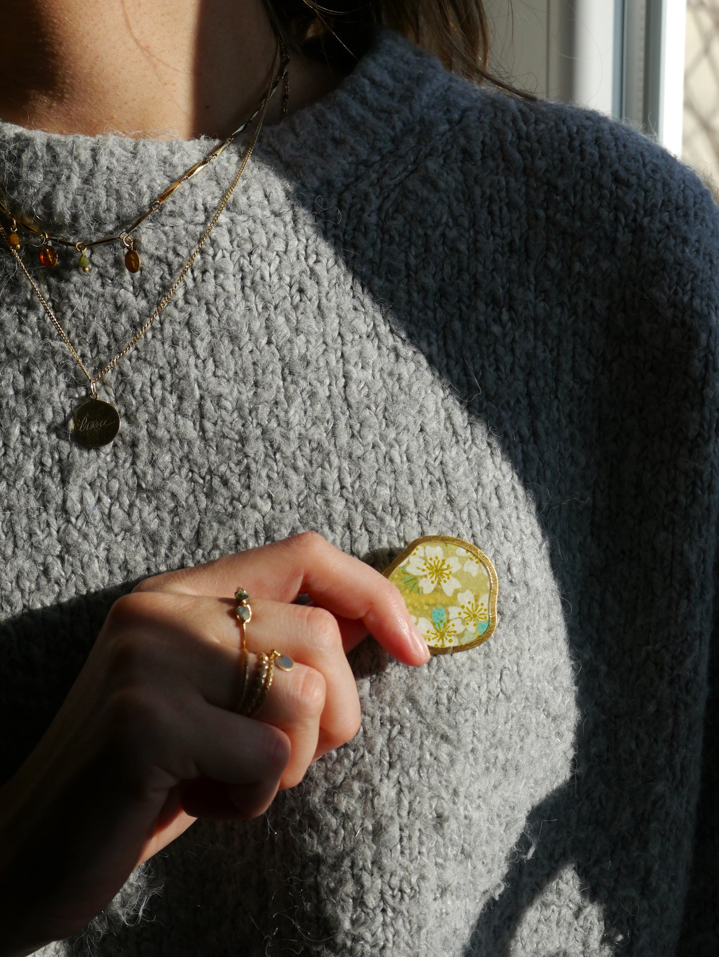 Broche en papier japonais - Fleurs jaunes