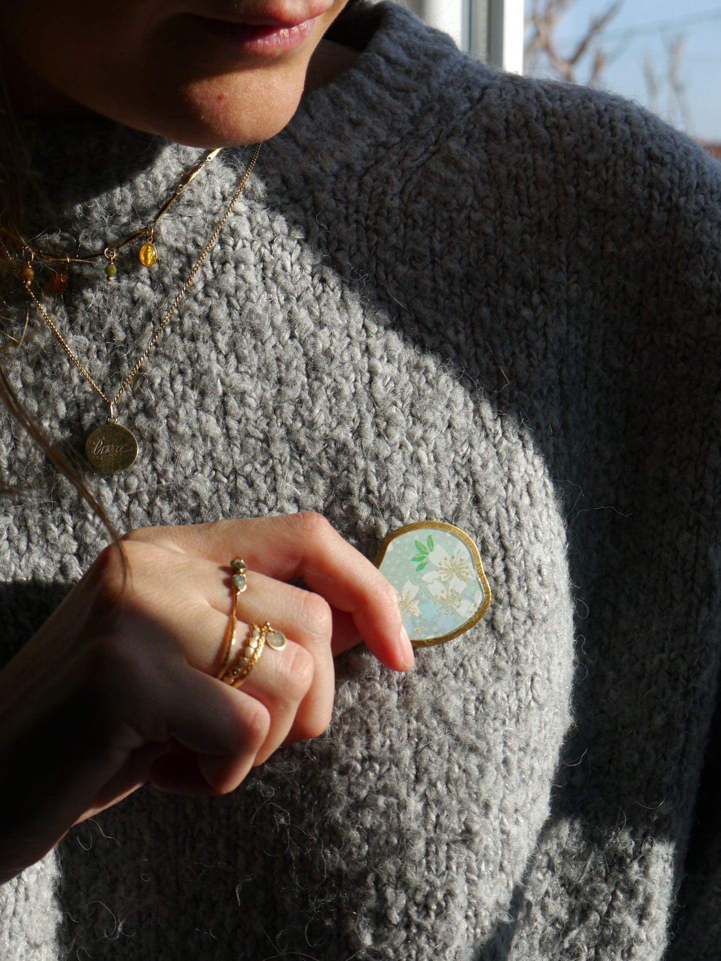 Broche en papier japonais - Fleurs bleues