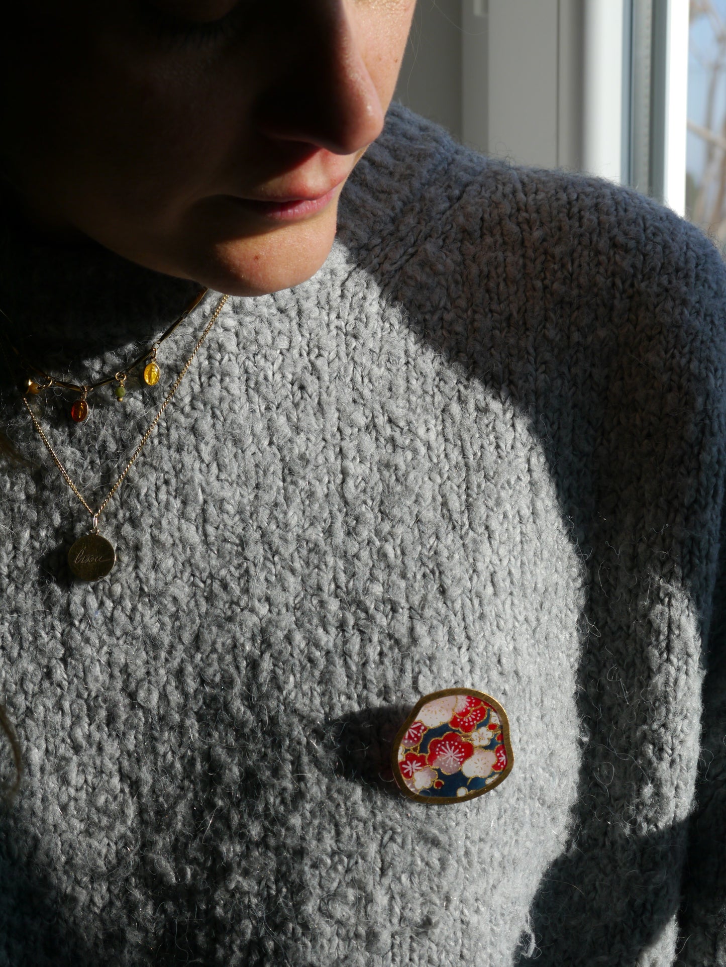 Broche en papier japonais - Fleurs prunes