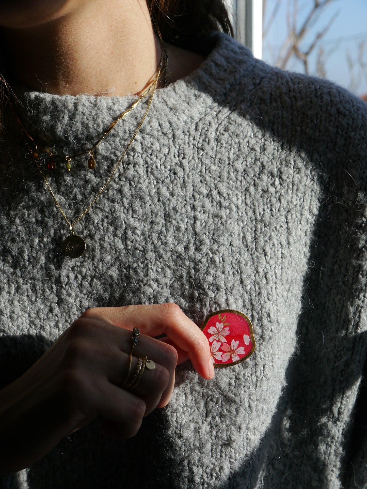 Broche en papier japonais - Fleurs rouges
