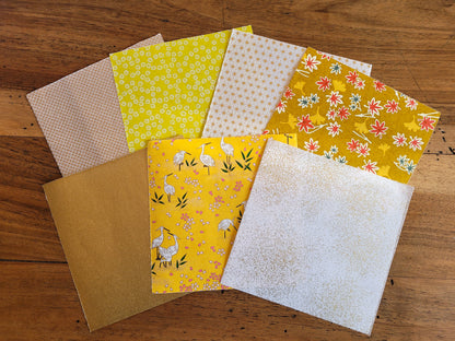 Kit de 7 papiers origami japonais - "Agrume" - Jaune, moutarde, blanc, doré