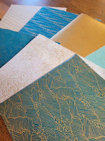Kit of 7 Japanese origami papers - "Peacock" - Duck blue, white, gold