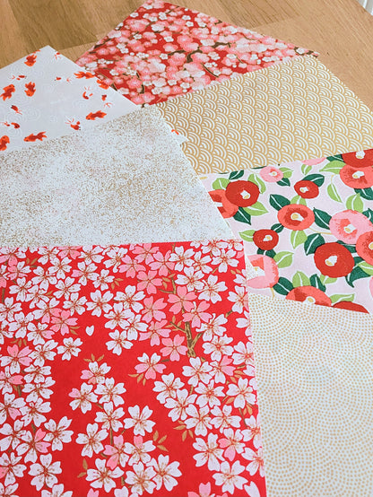 Kit of 7 Japanese origami papers - "Poppy" - Red, white, gold