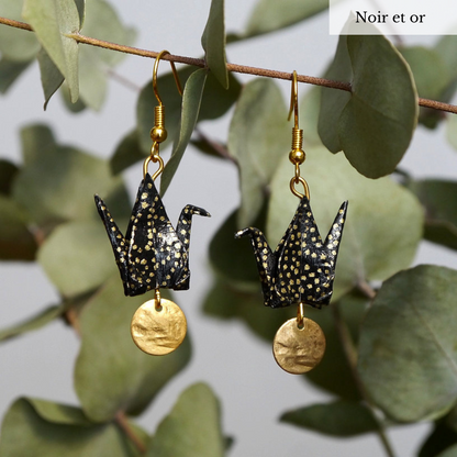 Origami earrings - Cranes and gold sequins