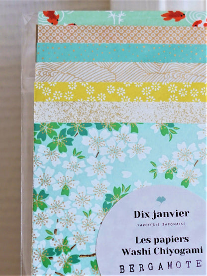 Kit de 7 papiers origami japonais - "Bergamote" - Vert, menthe, blanc, doré