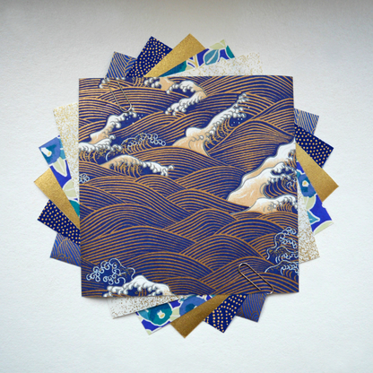 Kit de 6 papiers origami japonais 14x14 cm - "Cobalt" - Bleu nuit, blanc, doré