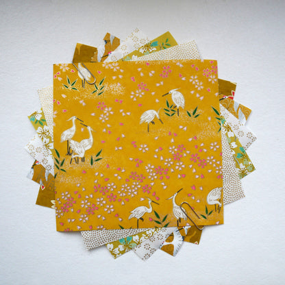 Kit de 6 papiers origami japonais 14x14 cm - "Agrume" - Jaune, moutarde, blanc, doré