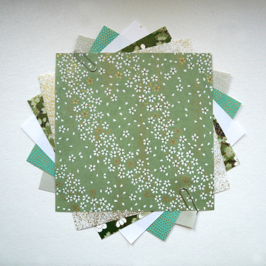 Kit de 6 papiers origami japonais 15x15 cm - "Jade" - vert, blanc, doré