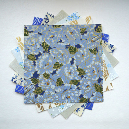 Kit de 6 papiers origami japonais 15x15 cm - "Azur" - bleu, turquoise, blanc, doré