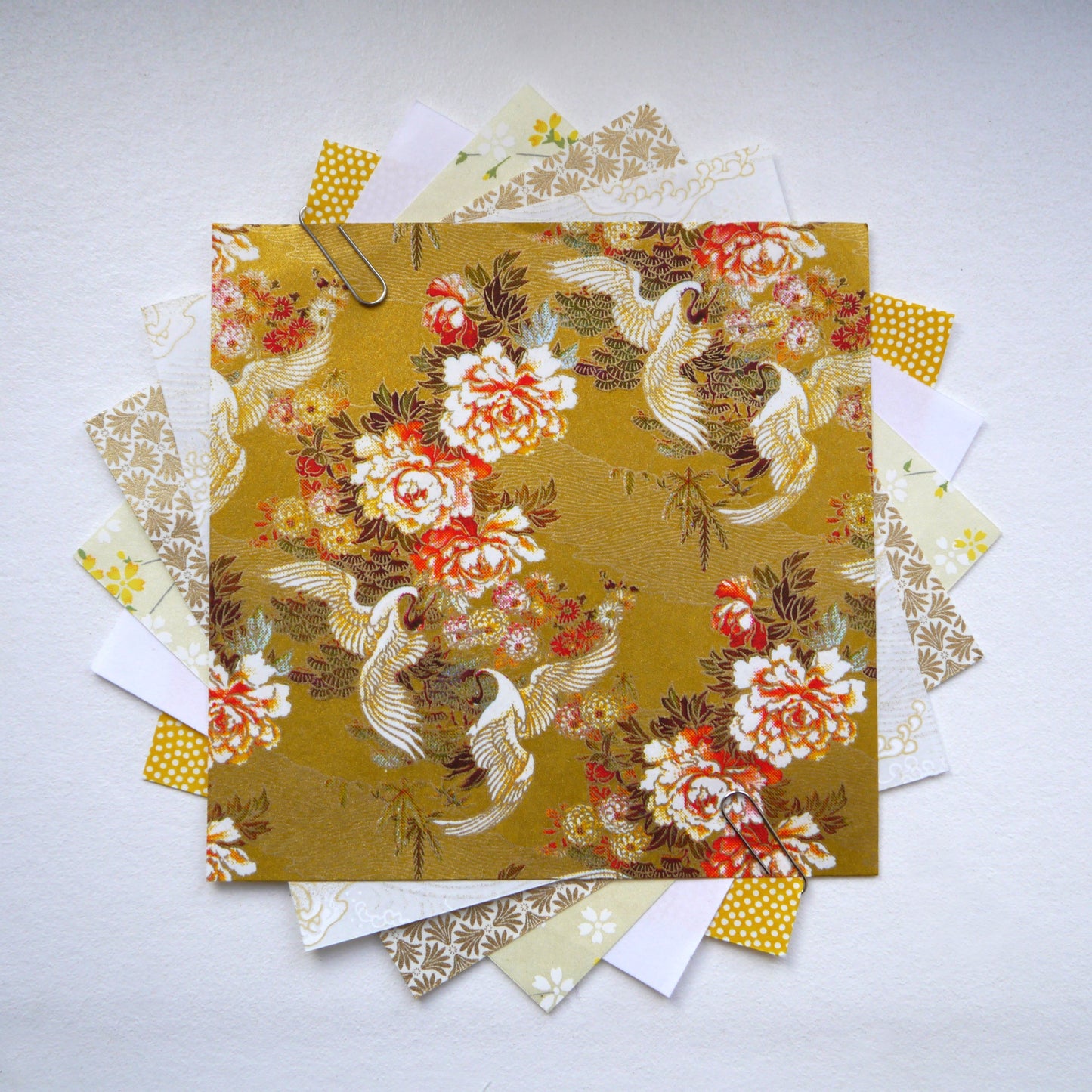 Kit de 6 papiers origami japonais 15x15 cm - "Ocre" - jaune, orange, blanc, doré