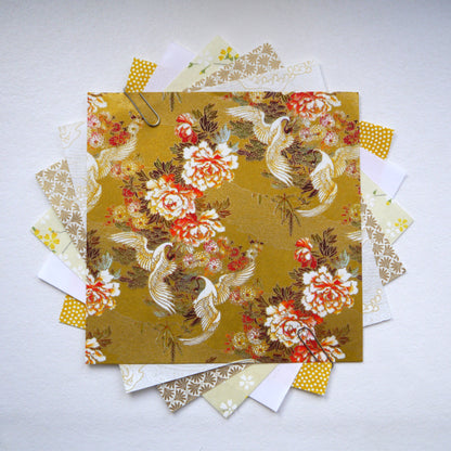 Kit de 6 papiers origami japonais 15x15 cm - "Ocre" - jaune, orange, blanc, doré