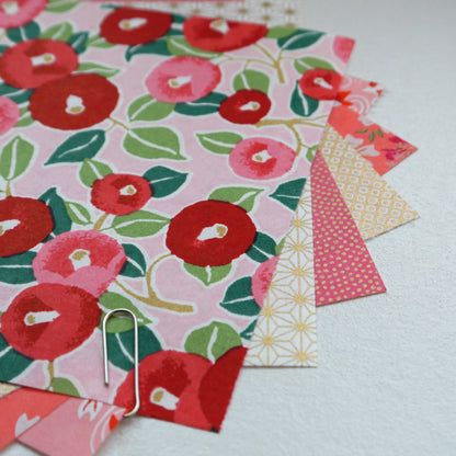 Kit of 7 Japanese origami papers - "Camellia" - Pink, coral, gold