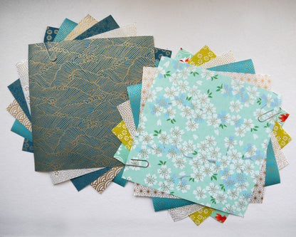 Kit of 7 Japanese origami papers - "Bergamot" - Green, mint, white, gold