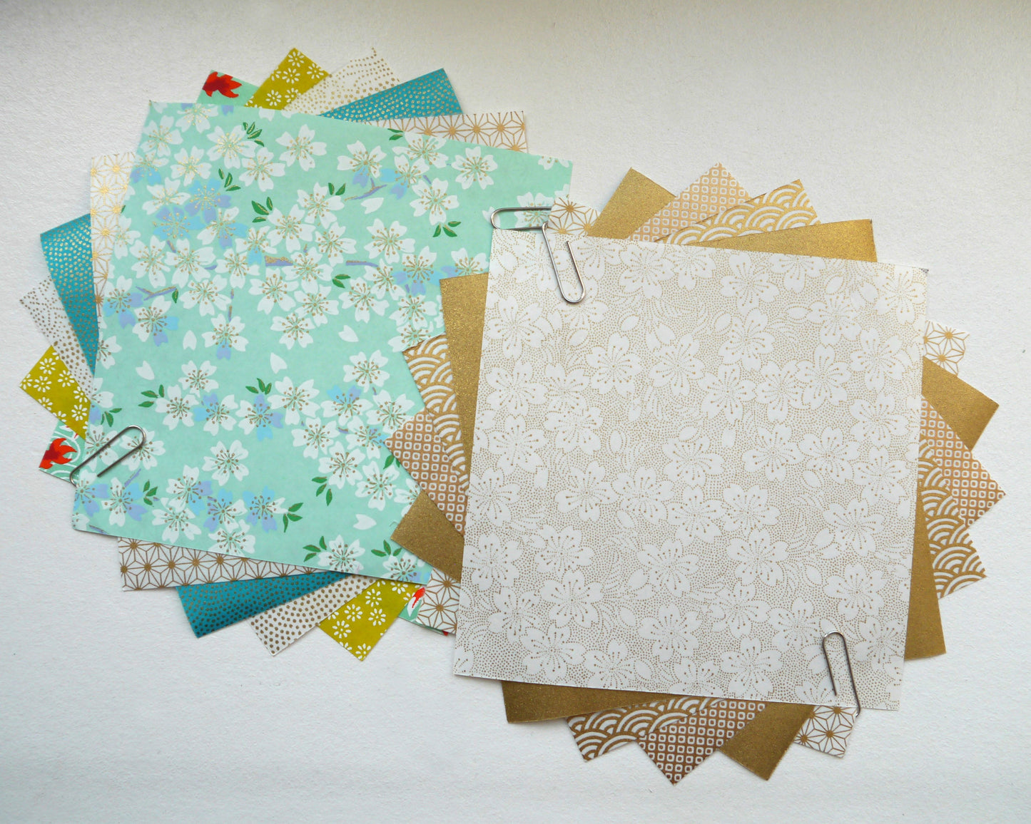 Kit of 7 Japanese origami papers - "Bergamot" - Green, mint, white, gold