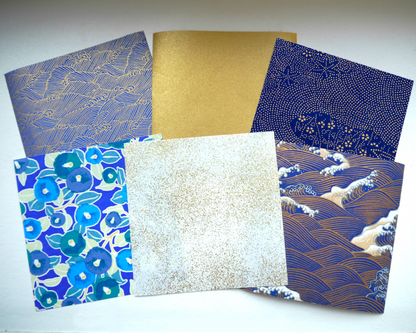 Kit de 6 papiers origami japonais 14x14 cm - "Cobalt" - Bleu nuit, blanc, doré