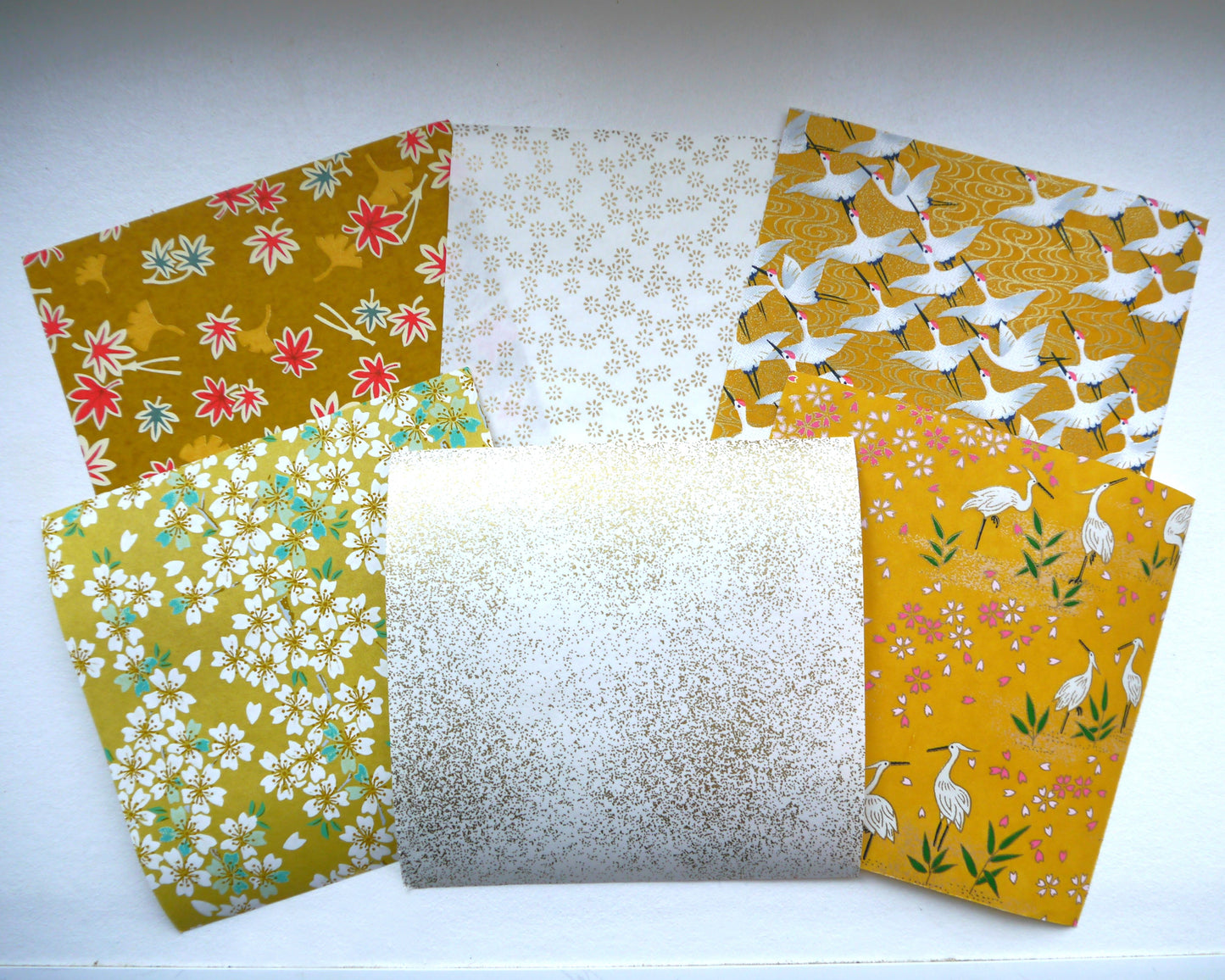 Kit de 6 papiers origami japonais 14x14 cm - "Agrume" - Jaune, moutarde, blanc, doré