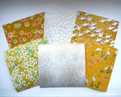 Kit de 6 papiers origami japonais 14x14 cm - "Agrume" - Jaune, moutarde, blanc, doré