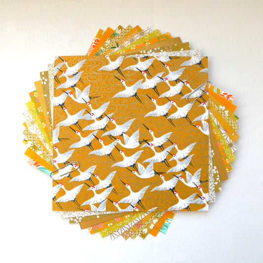 Kit of 16 Japanese origami papers - "Mimosa" - Yellow, mustard, white, gold