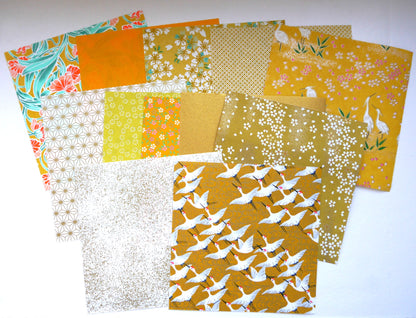 Kit de 12 papiers origami japonais 14x14 cm - "Mimosa" - Jaune, moutarde, blanc, doré