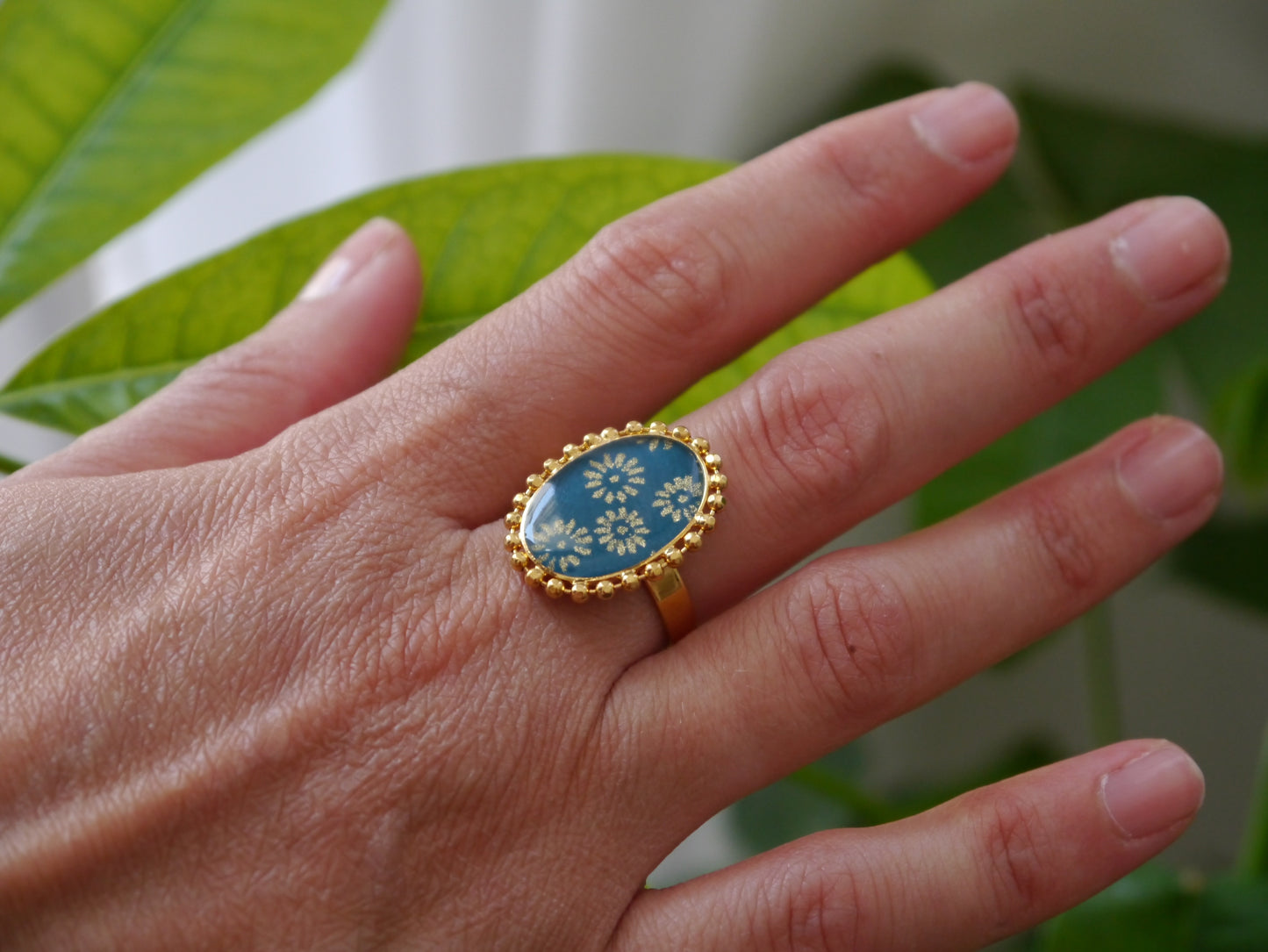 Bague médaillon en papier japonais - Fleurs canard