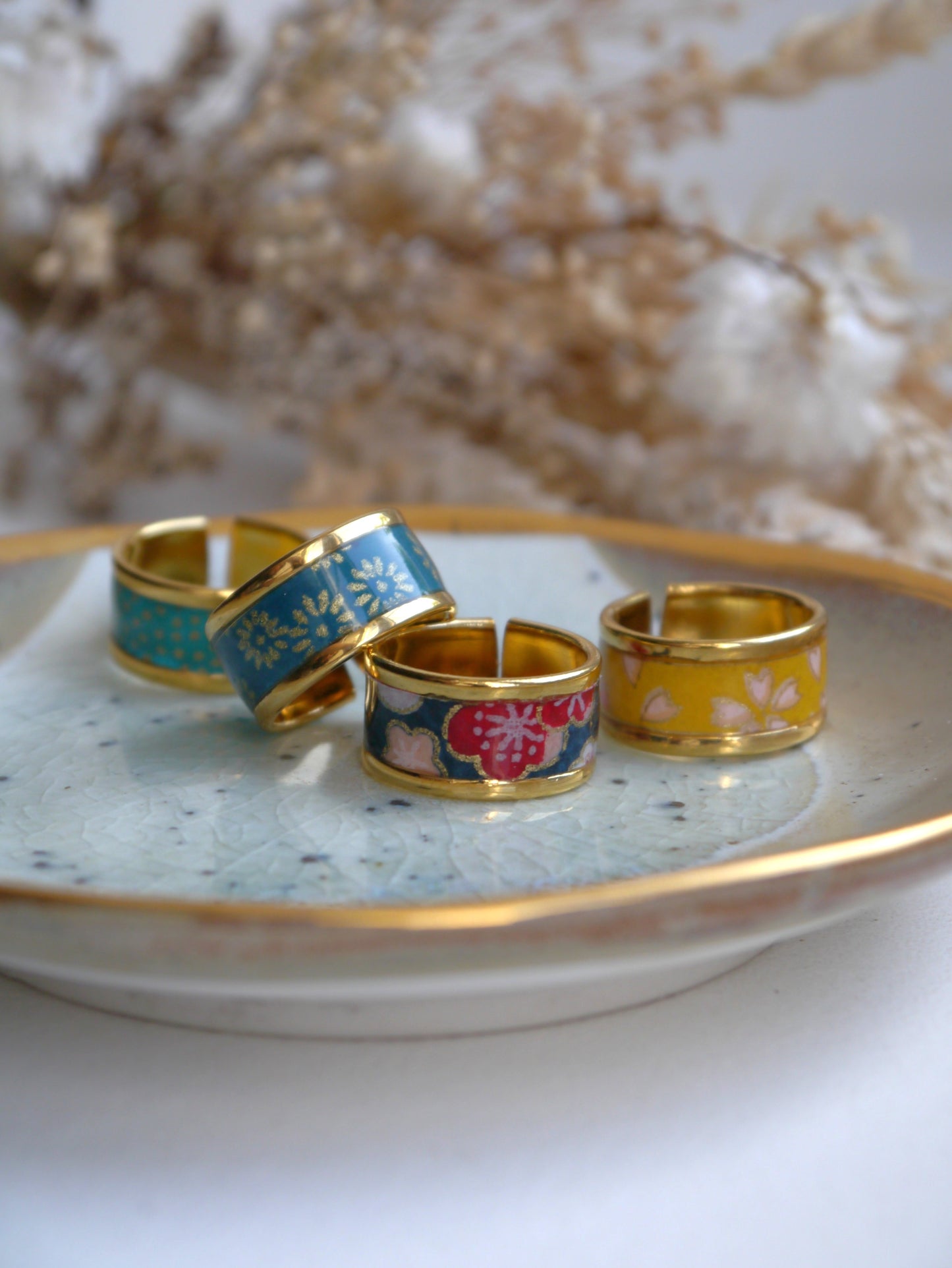 Bague anneau en papier japonais - Fleurs bleues