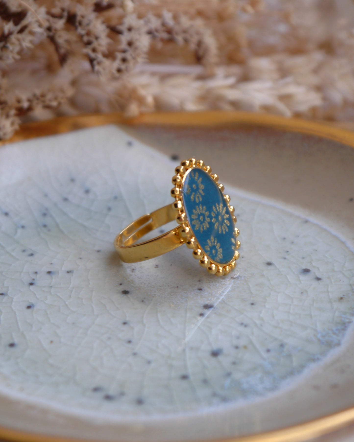Bague médaillon en papier japonais - Fleurs canard