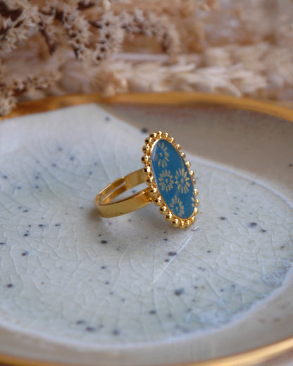 Bague médaillon en papier japonais - Fleurs canard