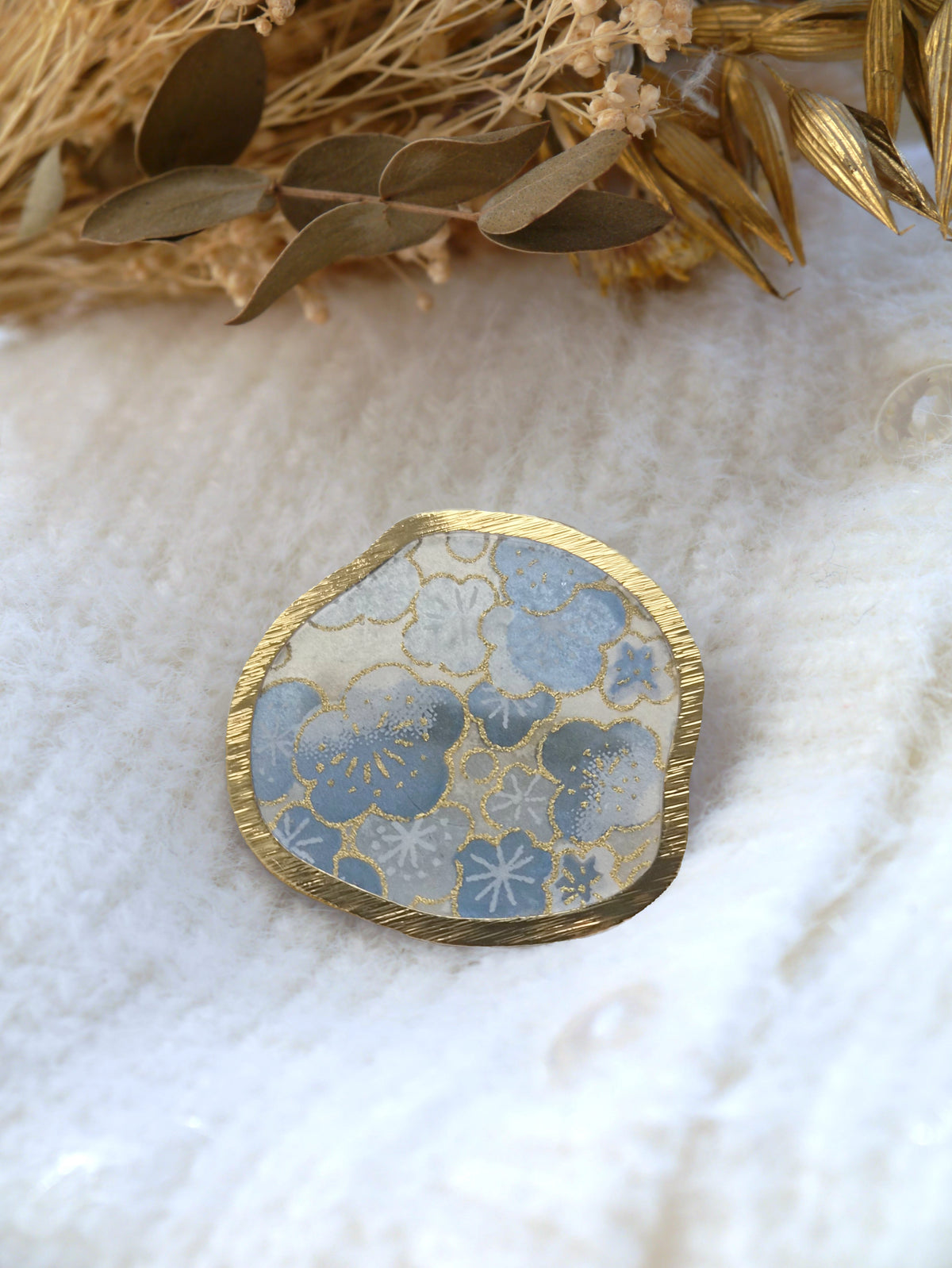 Broche en papier japonais - Fleurs bleues