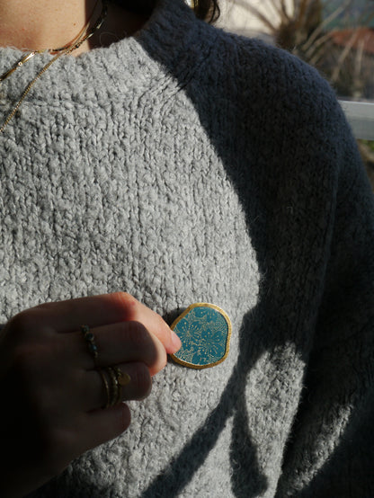 Broche en papier japonais - Fleurs bleues canard