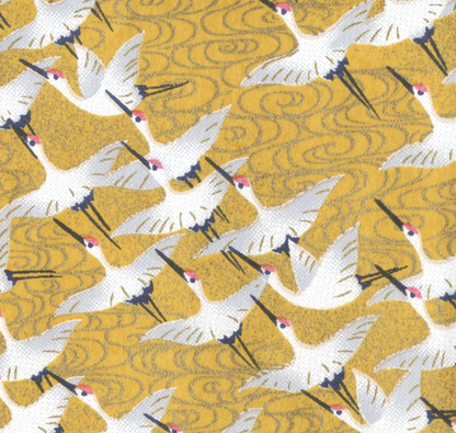 Broche en papier japonais - Grues japonaises jaune moutarde