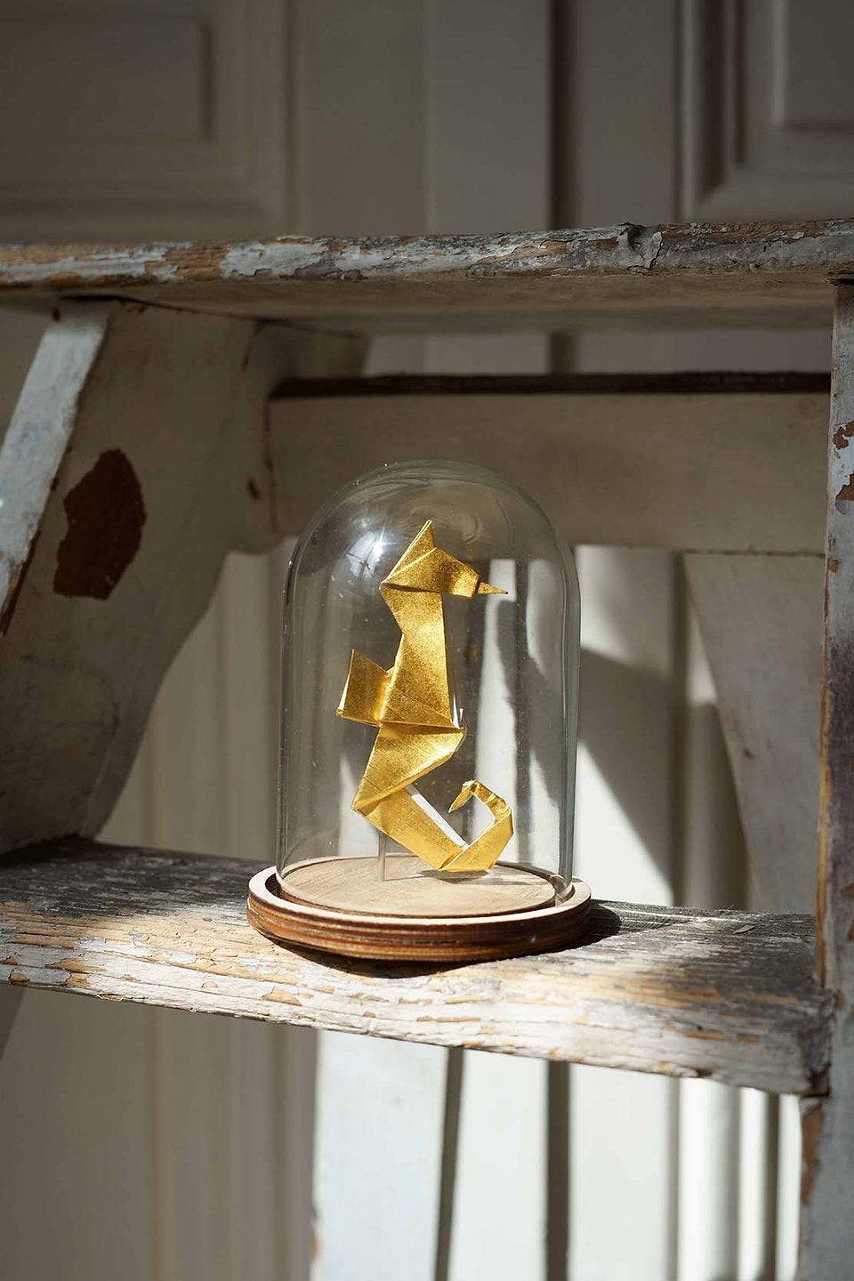 Small glass bell - Origami golden seahorse