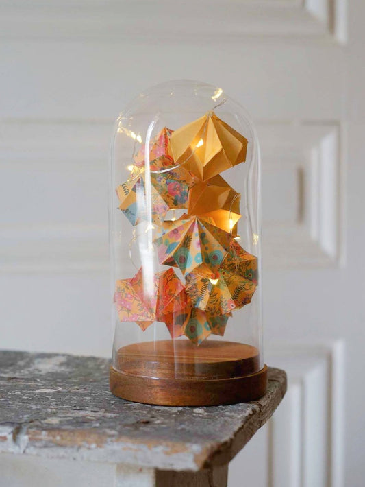 Large glass bell - Light garland of origami diamonds - Citrus