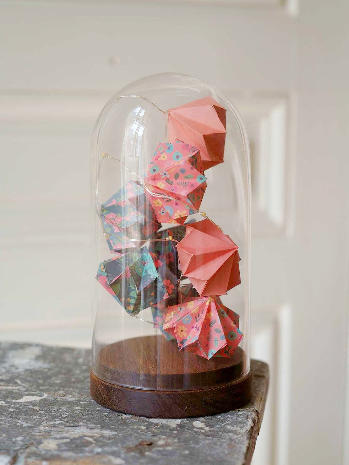 Large glass bell - Light garland of origami diamonds - Terracotta