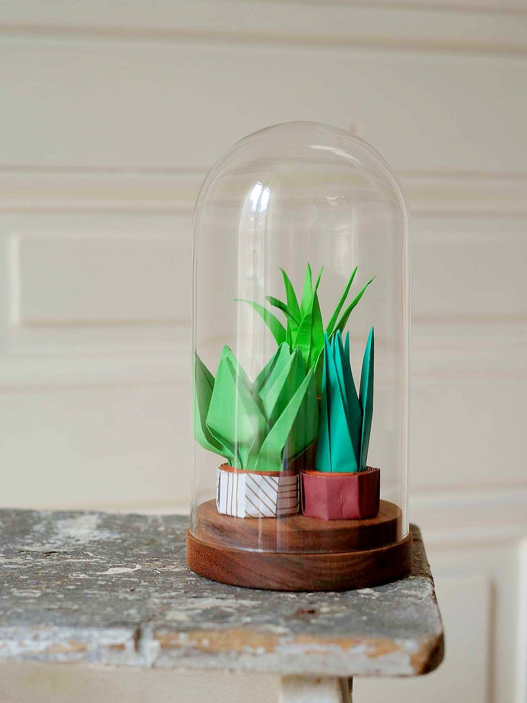 Large glass bell - Small origami garden