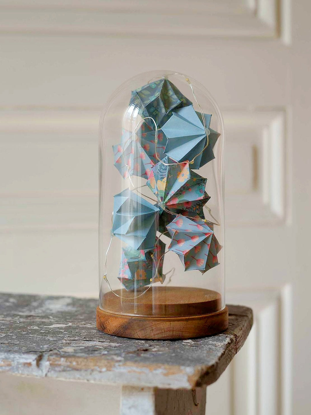 Large glass bell - Light garland of origami diamonds - Peacock