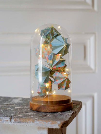 Large glass bell - Light garland of origami diamonds - Peacock