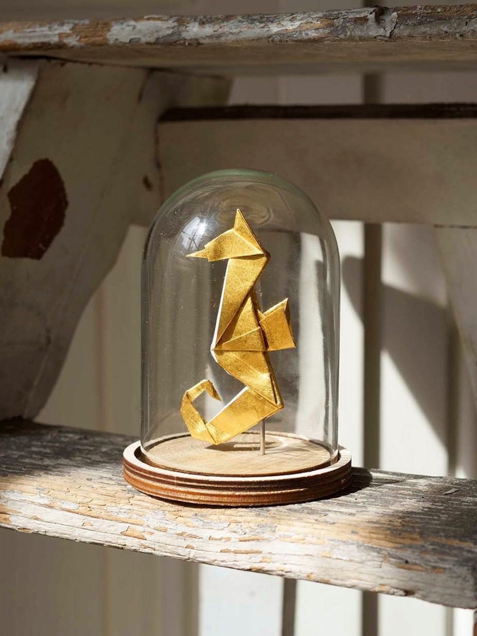 Petite cloche verre - Hippocampe doré en origami