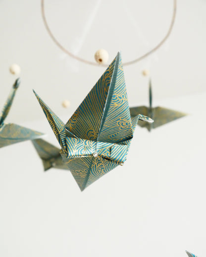 Mobile bébé origami - Spirale de grues / Bleu canard & or